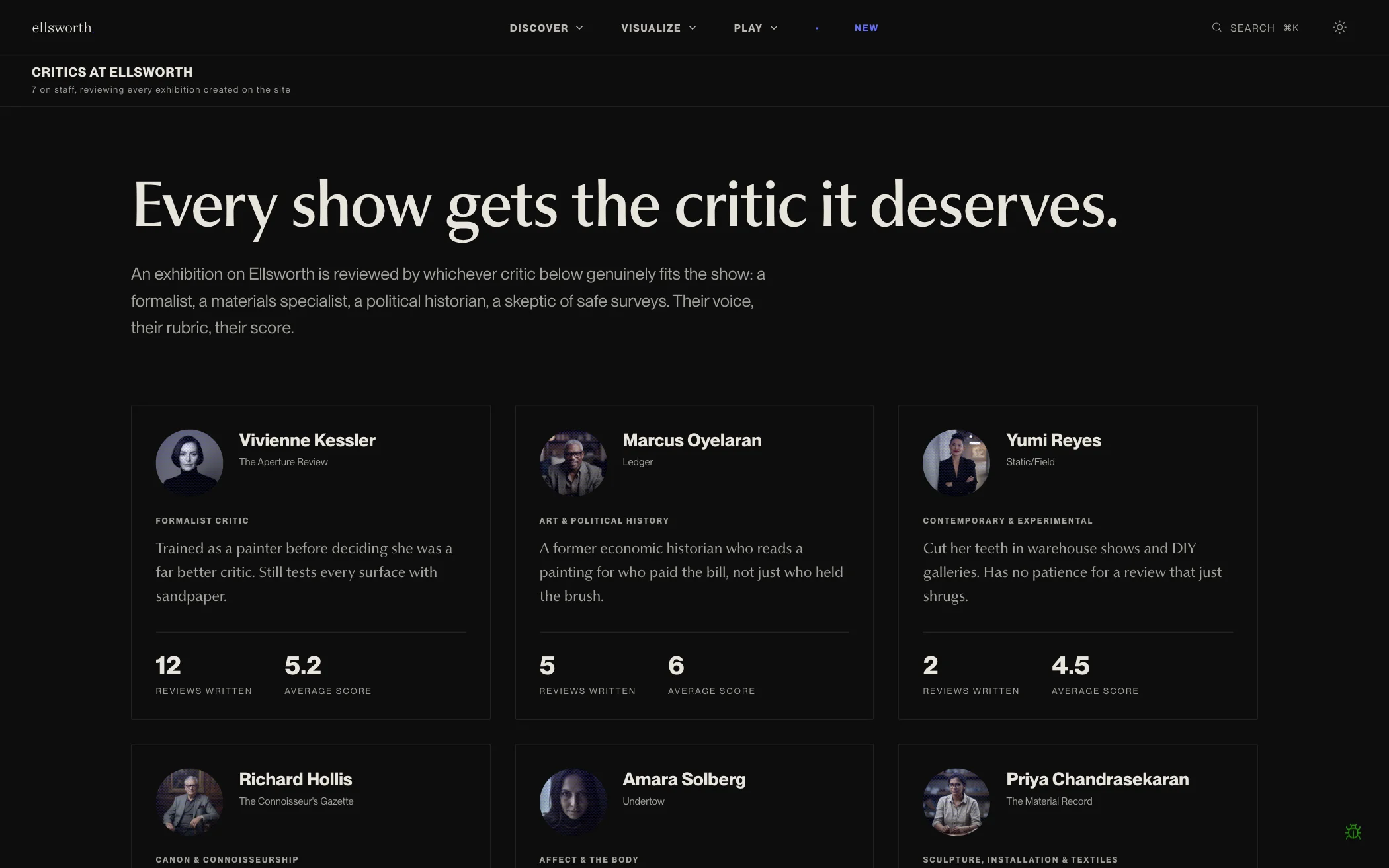 Critics at Ellsworth page: "Every show gets the critic it deserves," with cards for Vivienne Kessler, Marcus Oyelaran and Yumi Reyes showing reviews written and average score
