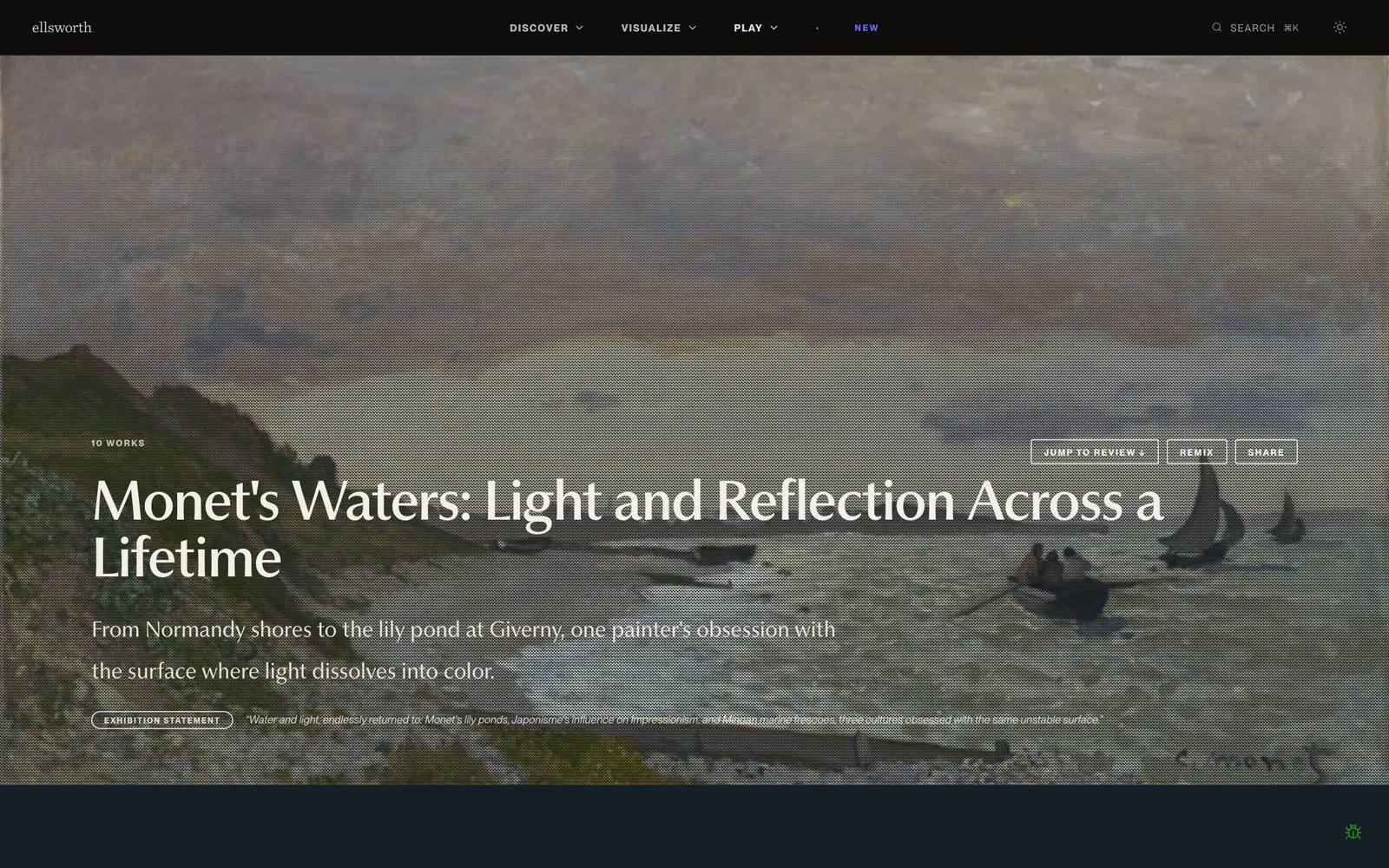 An exhibition page for Monet's Waters: Light and Reflection Across a Lifetime, with Jump to review, Remix and Share buttons