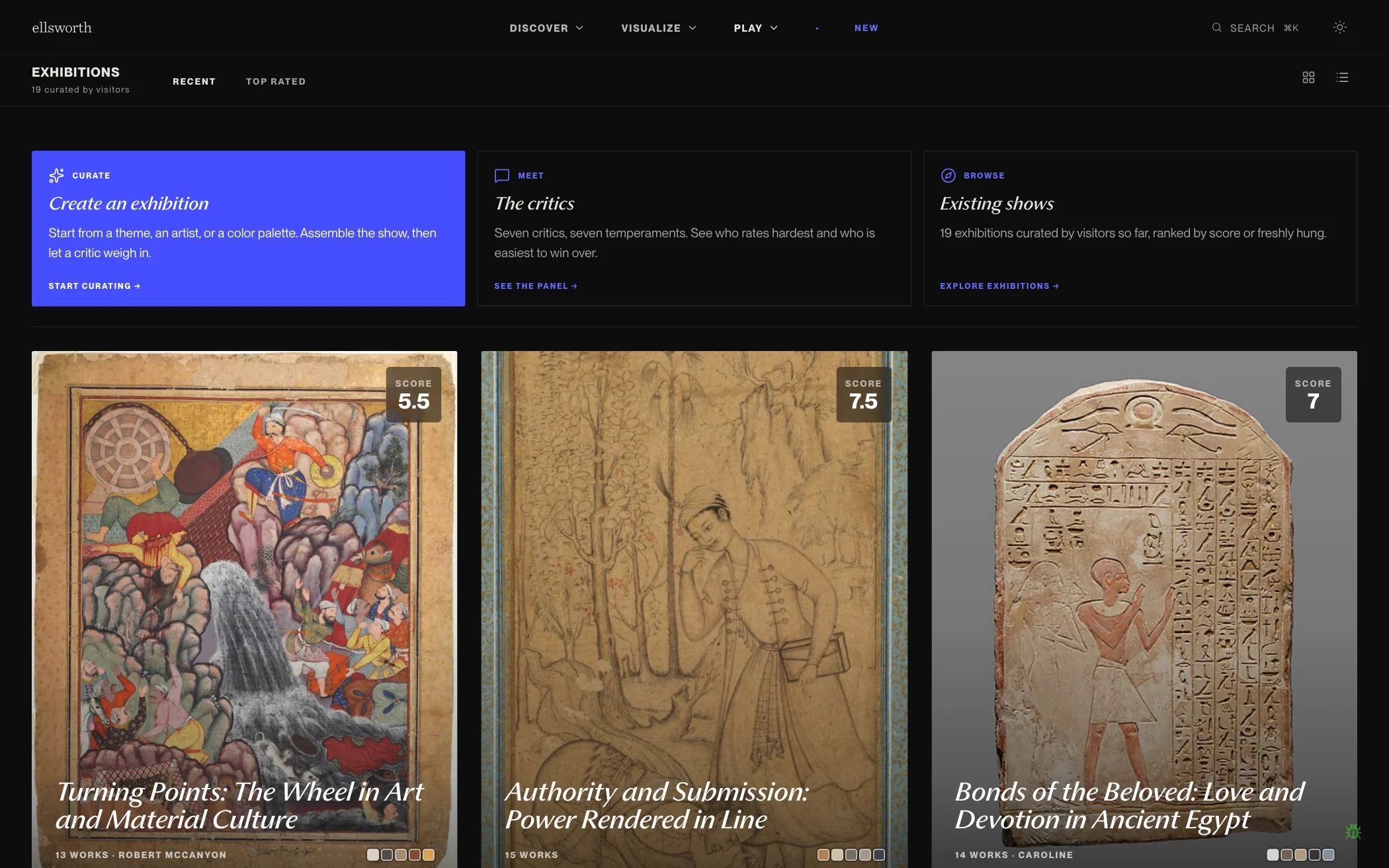 Exhibitions page with Create an exhibition, The critics, and Existing shows, above visitor-curated exhibitions with critic scores