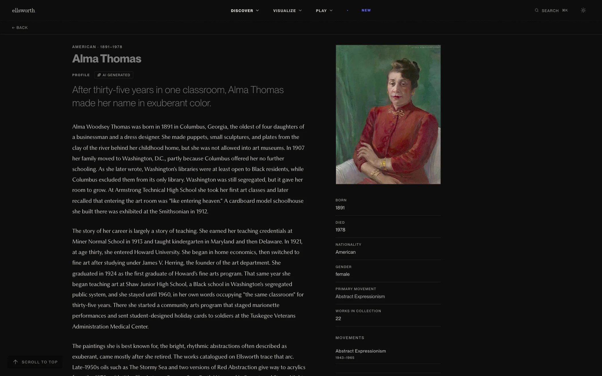 The top of Alma Thomas's profile, with an AI generated label beside her name, the headline "After thirty-five years in one classroom, Alma Thomas made her name in exuberant color," and a portrait of her in a red blouse