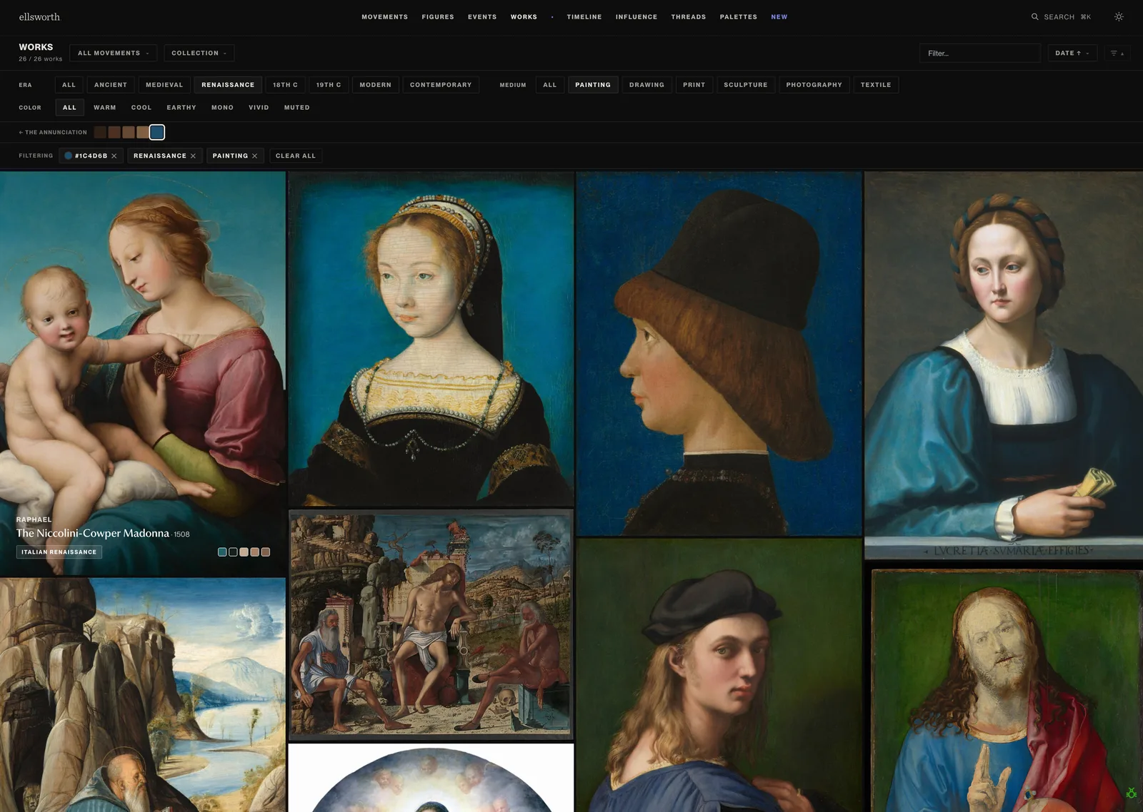 Ellsworth Works gallery filtered to Renaissance paintings by a deep blue swatch, showing portraits including Raphael's The Niccolini-Cowper Madonna