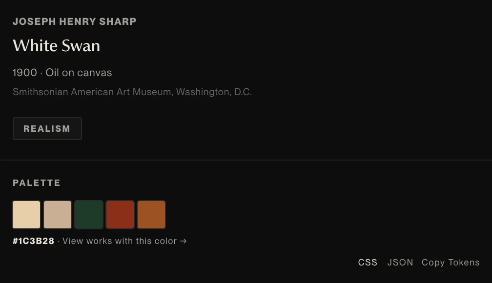 Artwork detail panel for Joseph Henry Sharp's White Swan, showing its five-color palette and CSS, JSON, and Copy Tokens controls