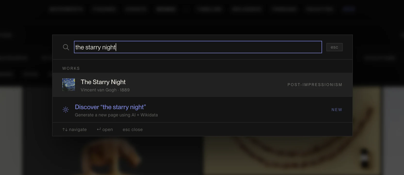 Search command palette open with the query "the starry night," showing a matched work result and a Discover option