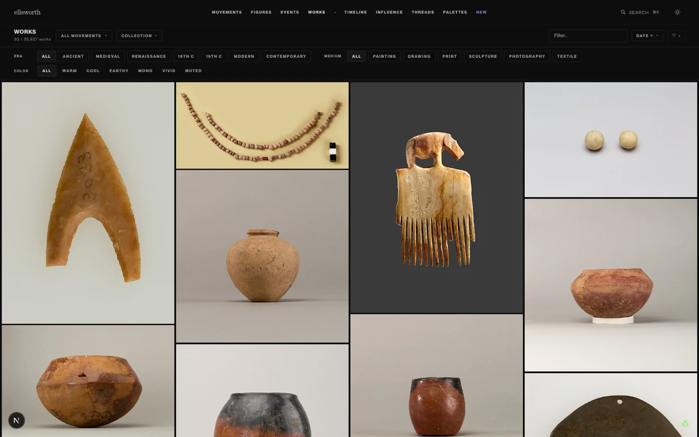 Works gallery showing a masonry grid of artwork thumbnails with era, medium, and collection filters