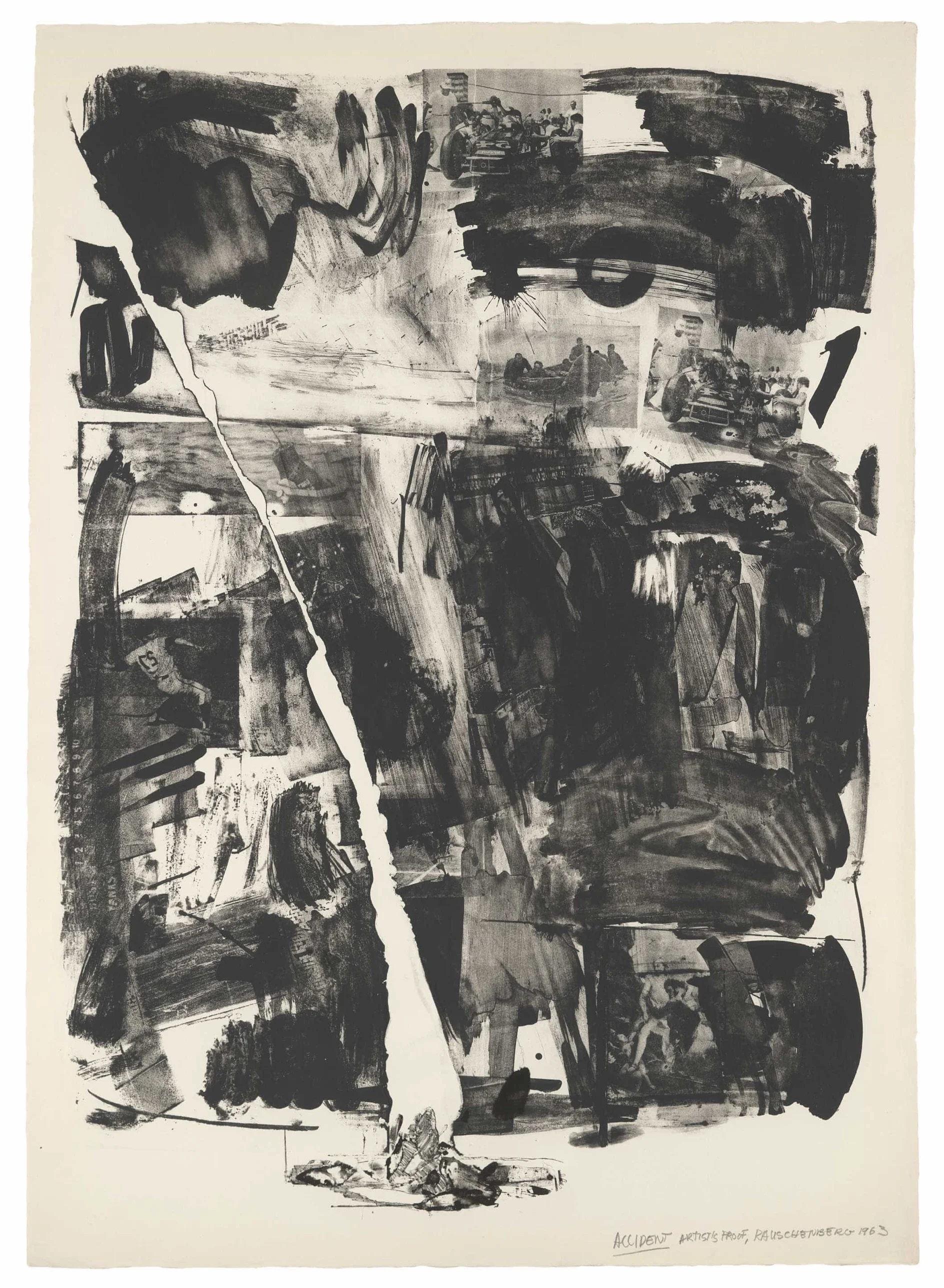 Robert Rauschenberg, Accident, 1963. Lithograph in two colors on Rives BFK paper, 41 x 29 in. Edition of 29. Published by Universal Limited Art Editions. © Robert Rauschenberg Foundation.