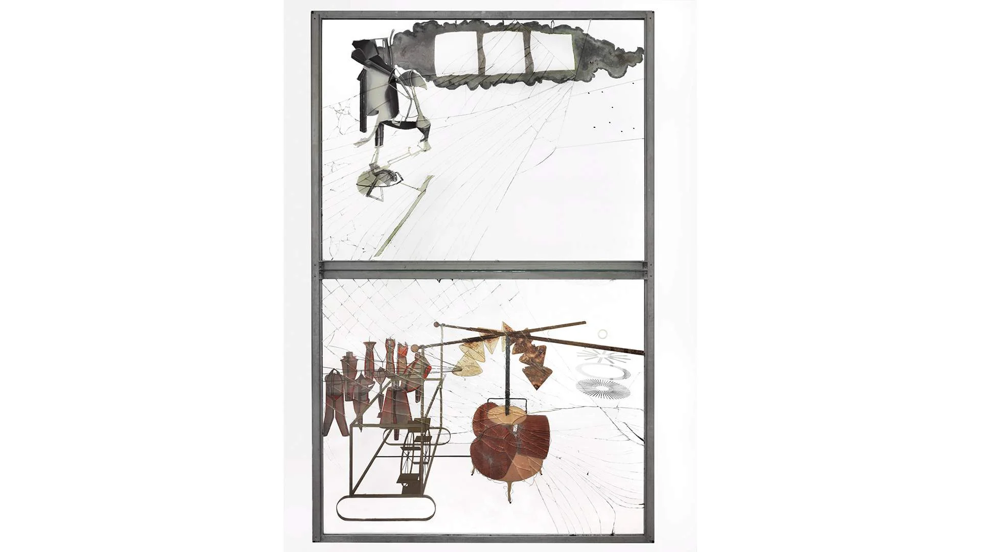 Marcel Duchamp, The Bride Stripped Bare by Her Bachelors, Even (The Large Glass), 1915–23. Oil, varnish, lead foil, lead wire, and dust on two glass panels. Philadelphia Museum of Art, bequest of Katherine S. Dreier, 1952. © Association Marcel Duchamp / ADAGP, Paris / Artists Rights Society (ARS), New York.